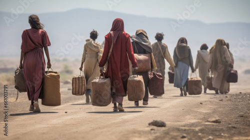 Refugees walking with bags and suitcases. War zone, homeless seeking asylum