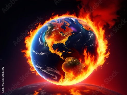 The globe earth with fire flames background
