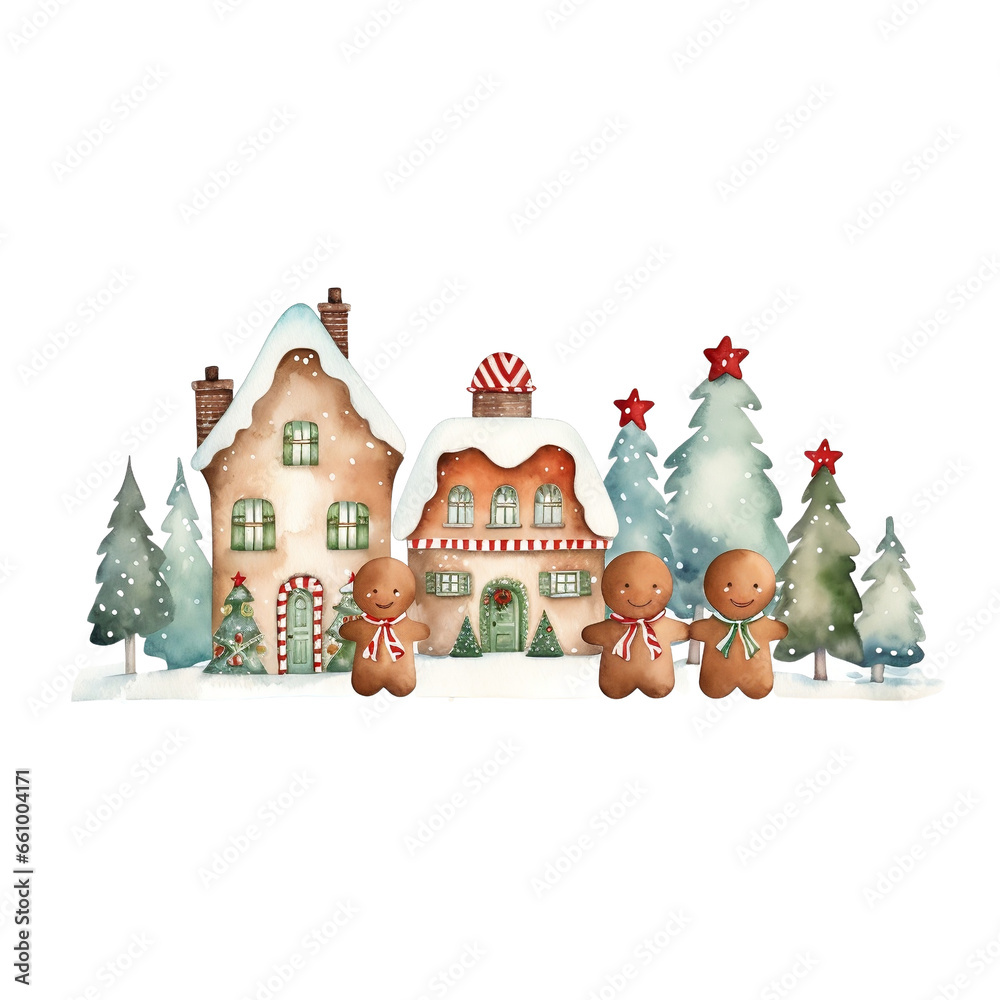 Christmas village watercolor, kids illustration