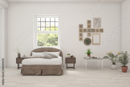 White bedroom concept. Scandinavian interior design. 3D illustration