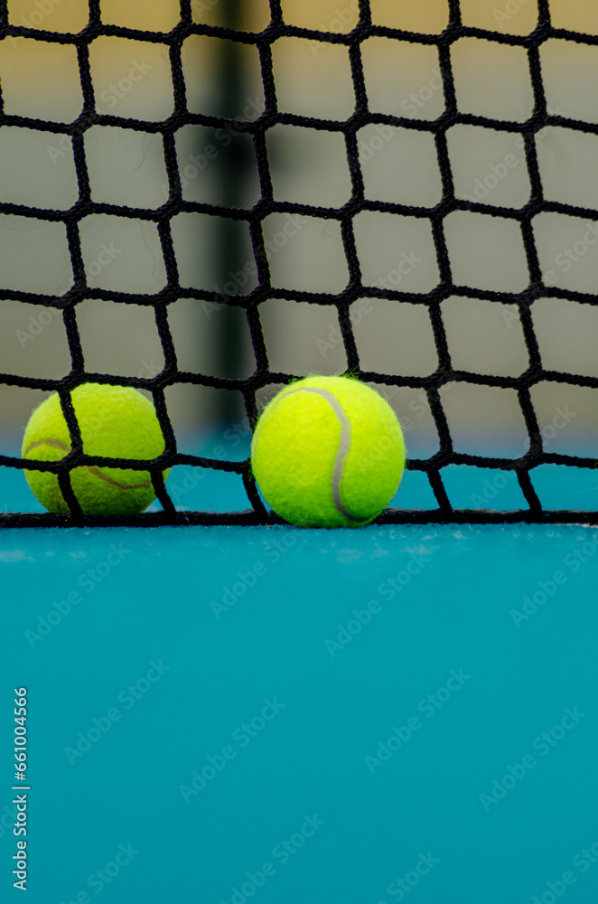 selective focus of two paddle tennis ball near the net in a blue paddle tennis court. racket sports concept