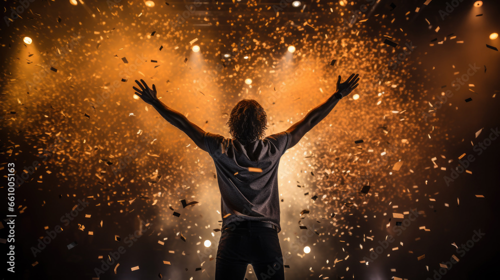 Back view of a man raising his hands in the air, confetti flying all over the ring - obrazy, fototapety, plakaty 