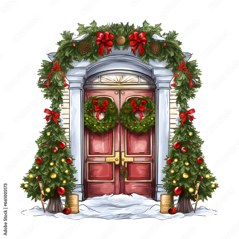 Christmas door. watercolor illustration. winter clipart