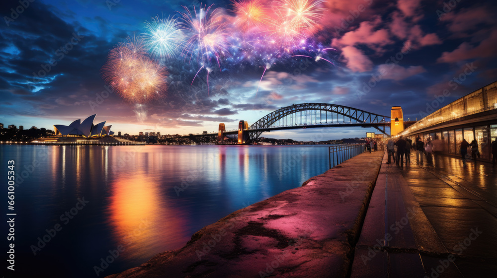 Fototapeta premium Colorful fireworks over a bridge in Australia