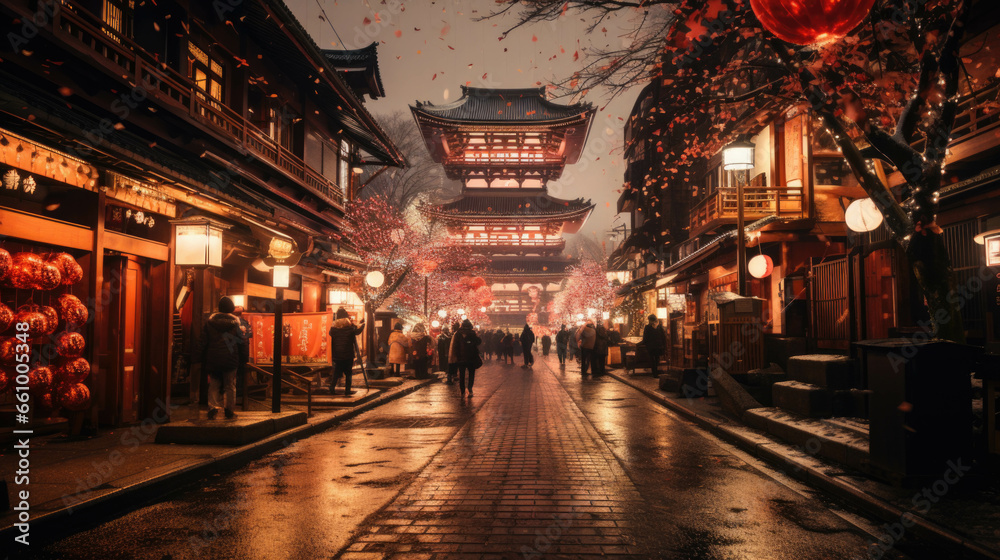 A Japanese temple at night - obrazy, fototapety, plakaty 