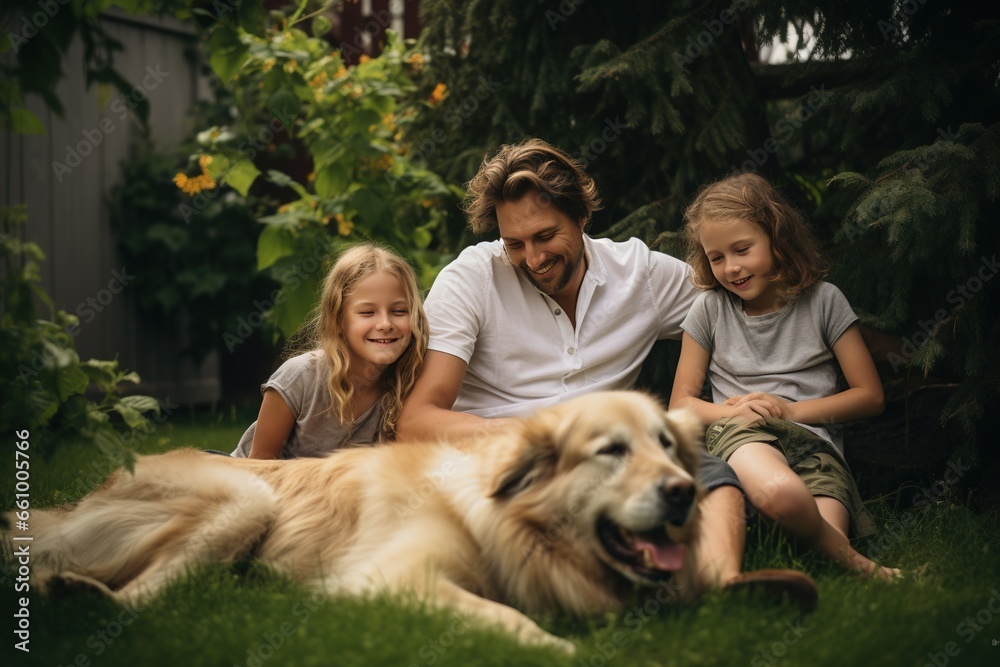 Friendly and cheerful family of parents with children and a dog. We were relaxing in the summer garden happily during summer and holidays Happy family on family vacation. Friendly and cheerful family of parents with children and a dog. We were relaxing in the summer garden happily during summer and holidays Happy family on family vacation.