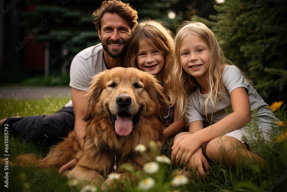 Friendly and cheerful family of parents with children and a dog. We were relaxing in the summer garden happily during summer and holidays Happy family on family vacation.