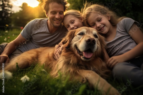 Friendly and cheerful family of parents with children and a dog. We were relaxing in the summer garden happily during summer and holidays Happy family on family vacation. © PHAISITSAWAN