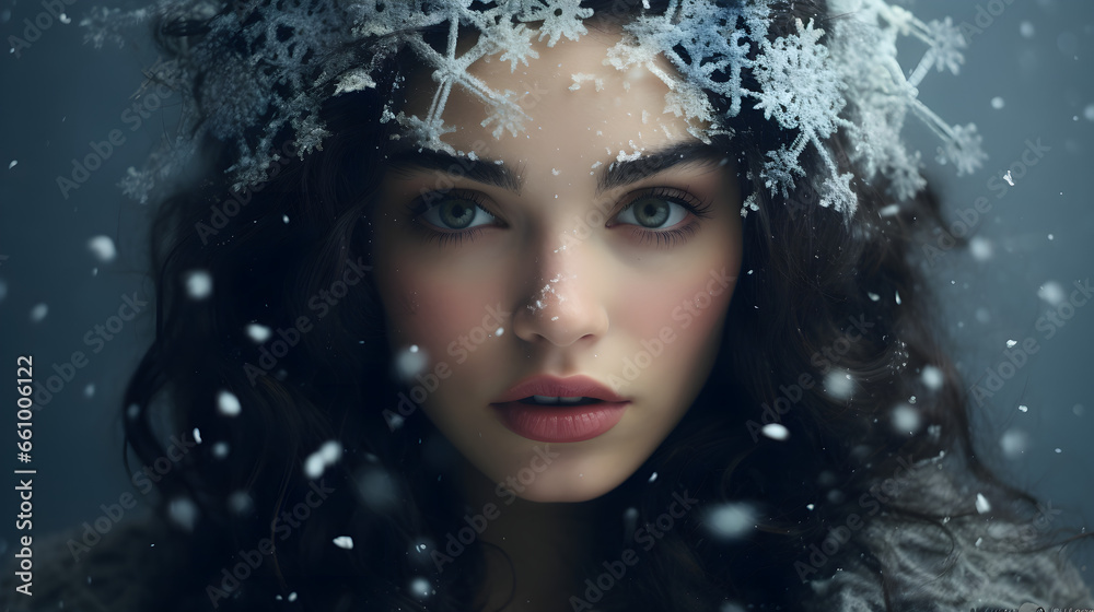 Voluminous white snowflake and girl with snowflakes Voluminous white snowflake and girl with snowflakes