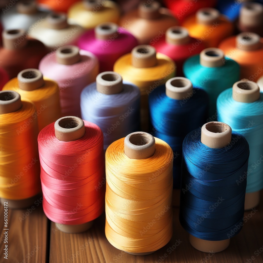 Spools of multi colored sewing threads Spools of multi colored sewing threads