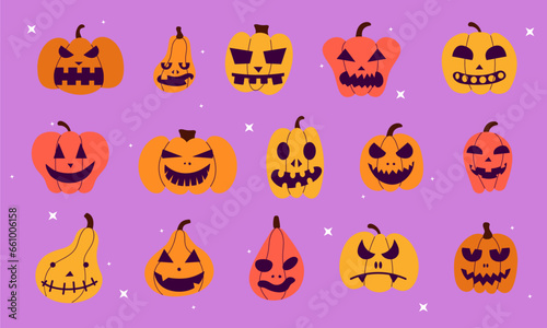 Big set of halloween pumpkins with scary faces on purple background for icons, posters, banners, wrapping, fabrics, webs