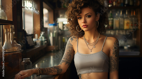 Brave and independent beautiful young female bartender with tattoos at the bar photo