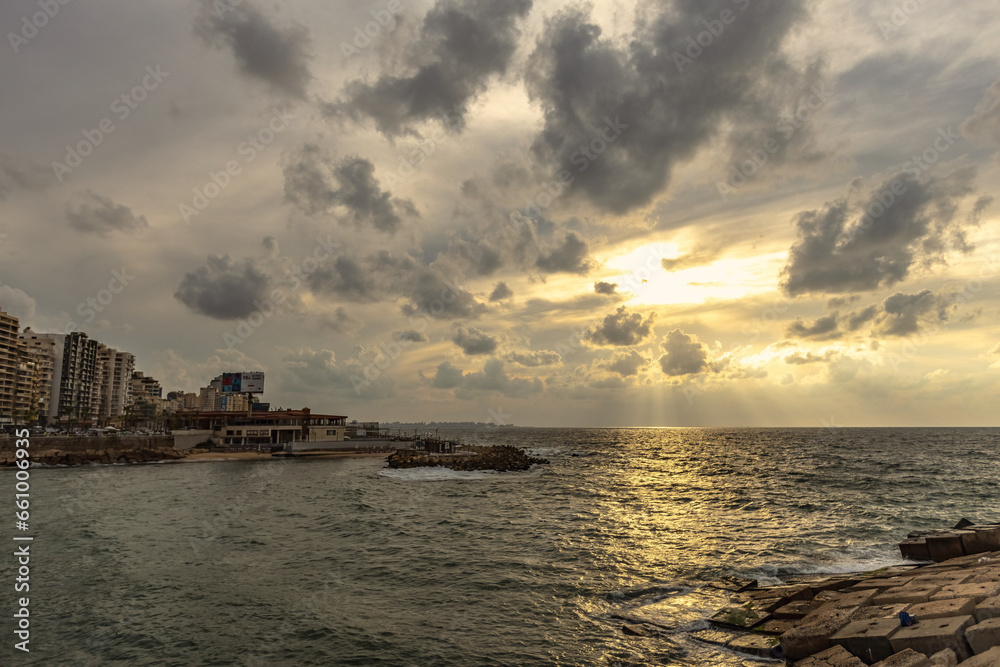 Spectacular sunset sky with clouds in Alexandria Egypt
