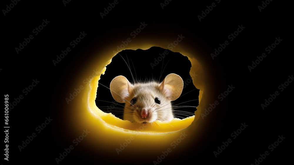 Head of a mouse seen through a hole representing rodent infestation at