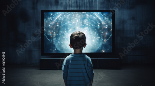 Back view of a boy child head in front of a huge tv screen representing too much children screen time