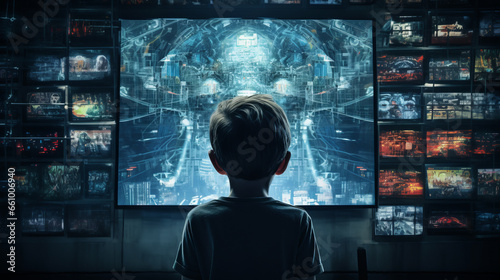 Back view of a boy child head in front of a huge tv screen representing too much children screen time