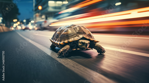 Side view of Turtle running extremely fast on busy city street at night showing a speed concept photo