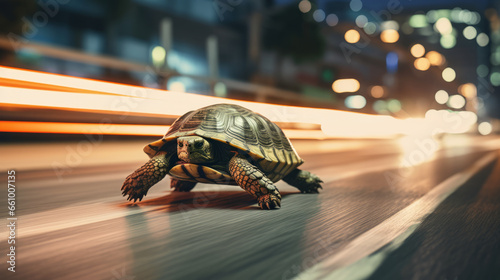 Side view of Turtle running extremely fast on busy city street at night showing a speed concept © Keitma