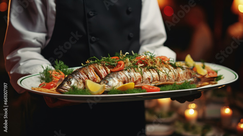 Waiter carrying plates with fish dish on some festive event, party or wedding reception restaurant