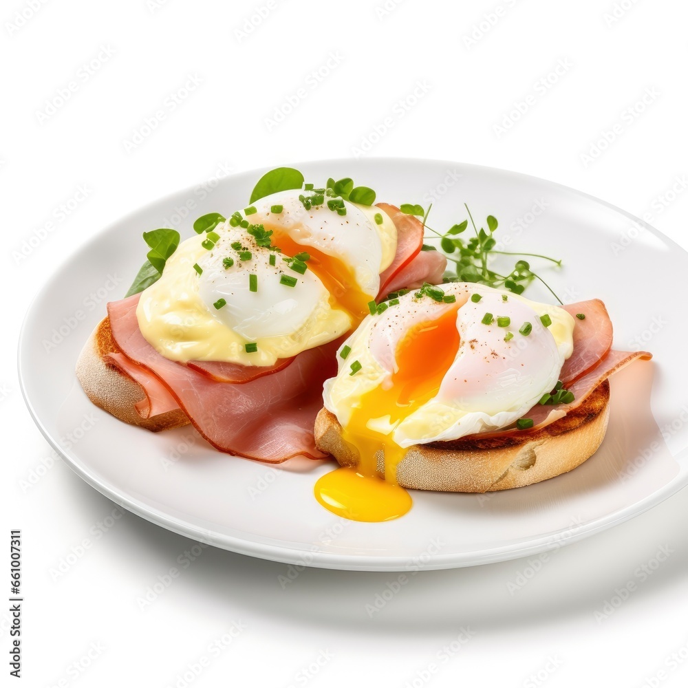 Top view of a fresh, delicious Benedict eggs breakfast meal composition, beautifully decorated, food photography isolated on white