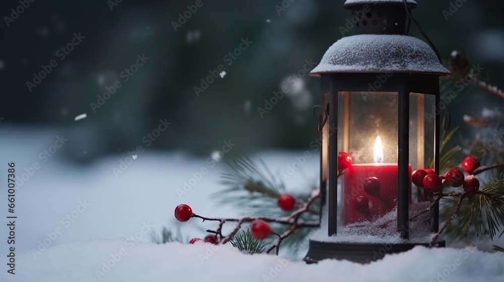 Christmas lantern on snow with holy berries. Christmas lantern on snow with holy berries.