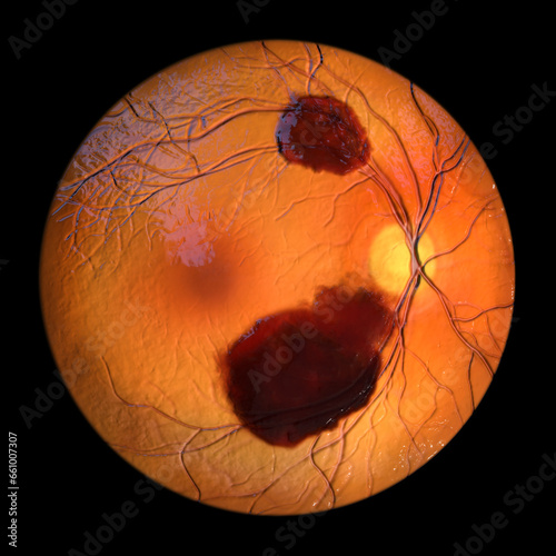 A subretinal hemorrhage as observed during ophthalmoscopy, 3D illustration photo