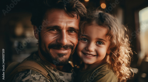 Close-up portrait of soldier with child. Veteran homecoming concept.
