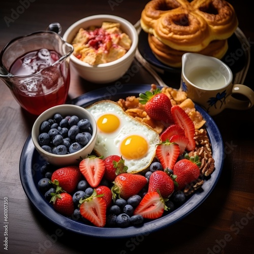 Top view of a fresh, delicious poached eggs breakfast meal composition, beautifully decorated, food photography