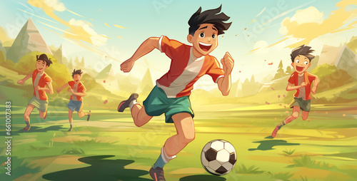soccer player with ball on the field, soccer player with ball, cartoon asian teen playing soccer several play. Generative Ai content © Ajmal Ali 217
