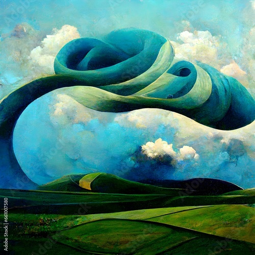 abstract contemporary neoexpressionism surrealism bluecolored woman green grass spiraling clouds rolling hills sharp clean lines in focus no haze  photo