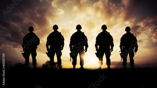 Silhouette of armed soldiers or marines in a row. Sunset..War concept.