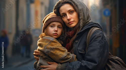 Mom hold child in war zone. Refugee, poverty, war and peace concept © ReneBot/Peopleimages - AI