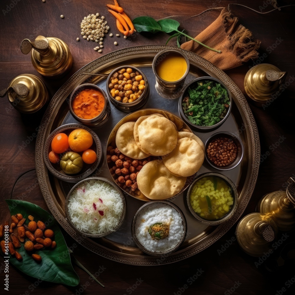 Top view of a fresh, delicious, wholesome and nutritious India breakfast meal composition, beautifully decorated, food photography Top view of a fresh, delicious, wholesome and nutritious India breakfast meal composition, beautifully decorated, food photography