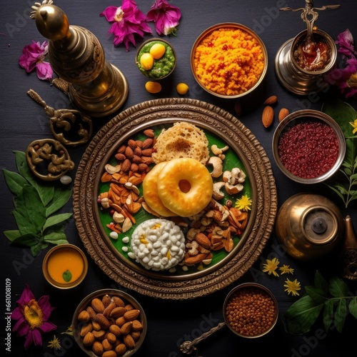 Top view of a fresh, delicious, wholesome and nutritious India breakfast meal composition, beautifully decorated, food photography