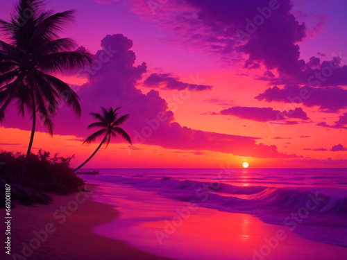 Sunset on the beach, waves gently lapping the shore, palm trees swaying in the breeze, and a colorful sky painted with shades of orange, pink, and purple photo