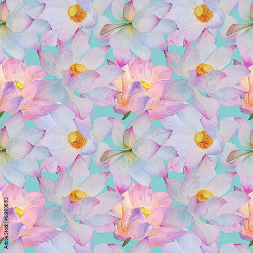 Seamless pattern of Lotus flowers painted in watercolor. Hand drawn on textured paper. Suitable for creating your ideas  print  poster  wallpaper  backgrounds and cards.