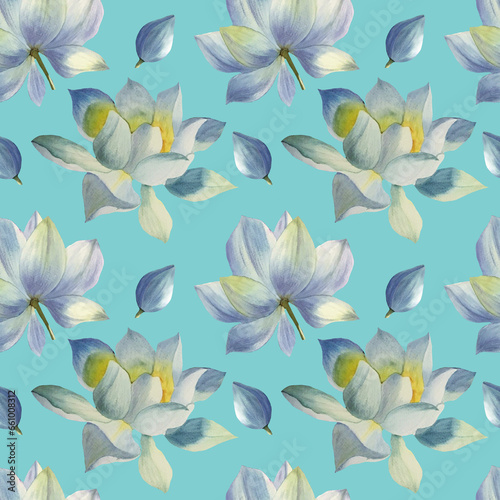 Seamless pattern of Lotus flowers painted in watercolor. Hand drawn on textured paper. Suitable for creating your ideas  print  poster  wallpaper  backgrounds and cards.