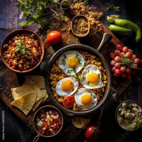 Top view of a fresh, delicious, wholesome and nutritious Mexican breakfast meal composition, beautifully decorated, food photography