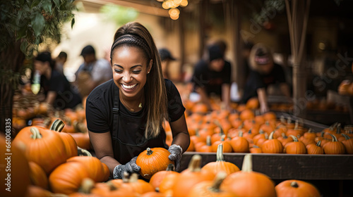 A woman sorts pumpkins at a market photo