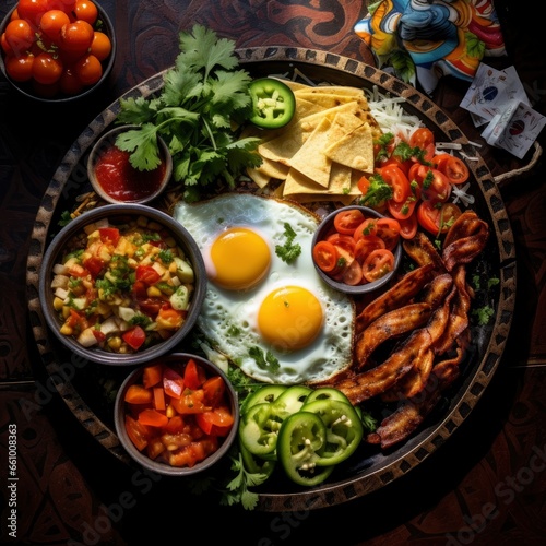 Top view of a fresh, delicious, wholesome and nutritious breakfast meal composition, beautifully decorated, food photography