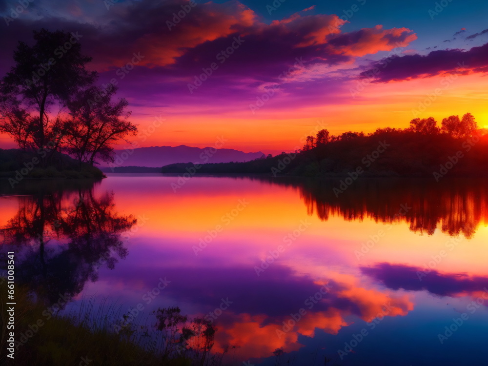 Image of a serene sunset over a calm lake with vibrant colors