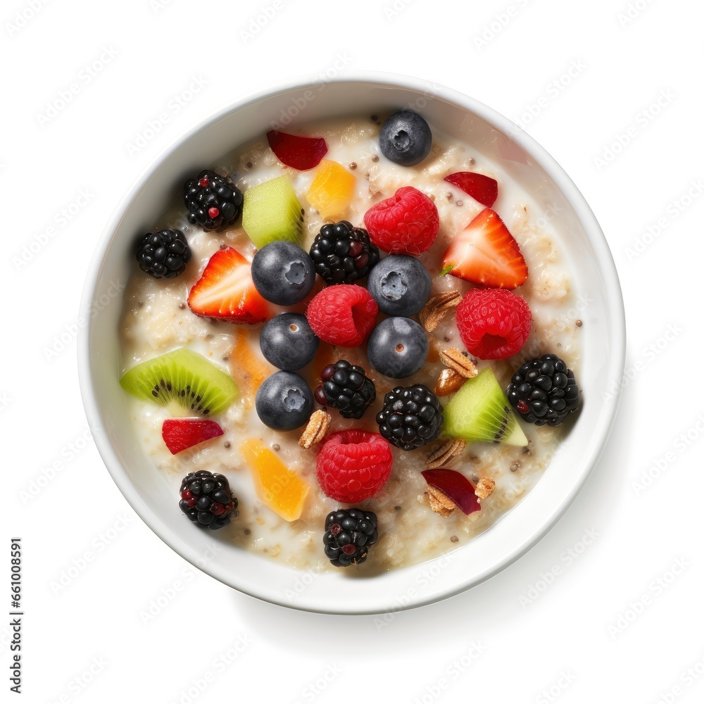 Top view of a fresh, delicious, wholesome and nutritious breakfast porridge with fruits and berries, beautifully decorated, food photography isolated on white Top view of a fresh, delicious, wholesome and nutritious breakfast porridge with fruits and berries, beautifully decorated, food photography isolated on white