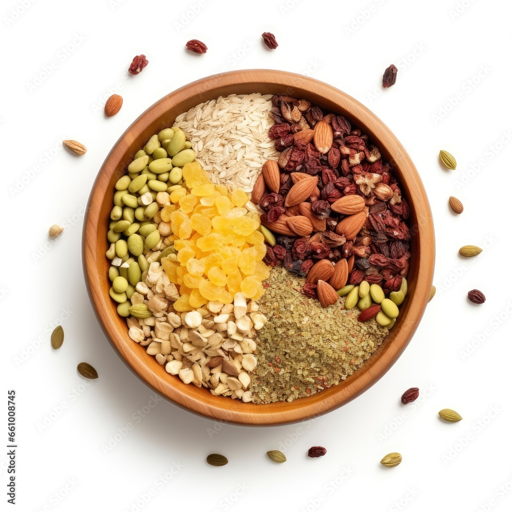 Top view on a bowl with different nuts, beautifully decorated, food photography Top view on a bowl with different nuts, beautifully decorated, food photography