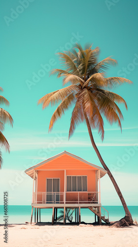 beach hut,Tropical Tranquility: A Stilt House Amidst Palm Paradise,beach with palm trees,beach