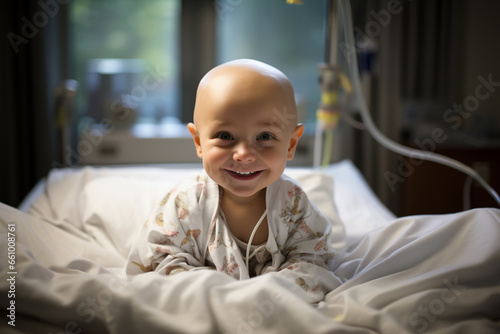 Smiling little child toddler sick kid in medical care bed bald after course of chemotherapy treatment. Young patient kid, healthcare service, hand for empathy, love and healing in hospital bed concept