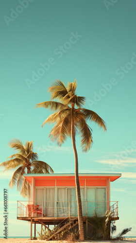 beach hut,Tropical Tranquility: A Stilt House Amidst Palm Paradise,beach with palm trees,beach