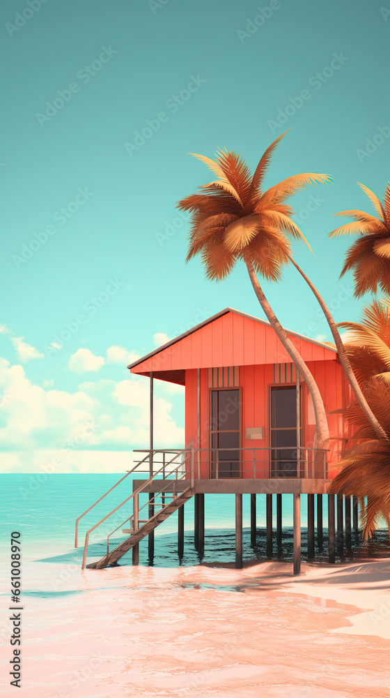 Obraz premium beach hut,Tropical Tranquility: A Stilt House Amidst Palm Paradise,beach with palm trees,beach