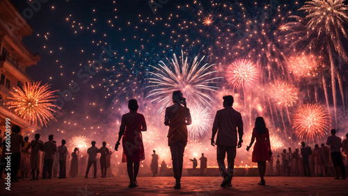 Fireworks, Photograph people's silhouettes against the backdrop of a dazzling Diwali fireworks display