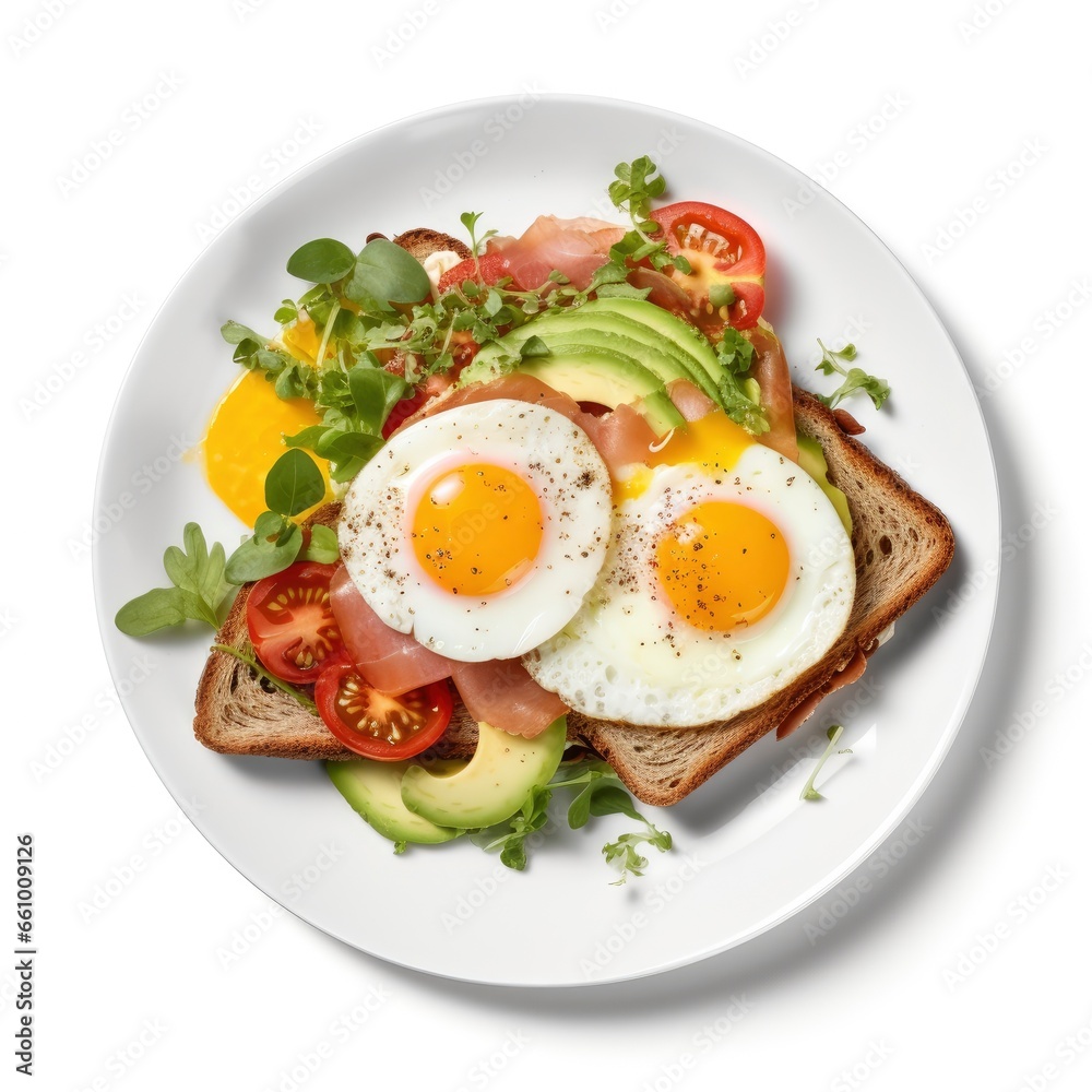 Top view of a fresh, delicious, wholesome and nutritious traditional sandwich breakfast, beautifully decorated, food photography Top view of a fresh, delicious, wholesome and nutritious traditional sandwich breakfast, beautifully decorated, food photography