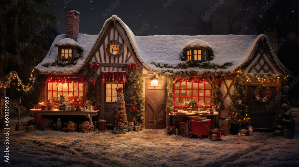 Christmas cottage at night with festive lights